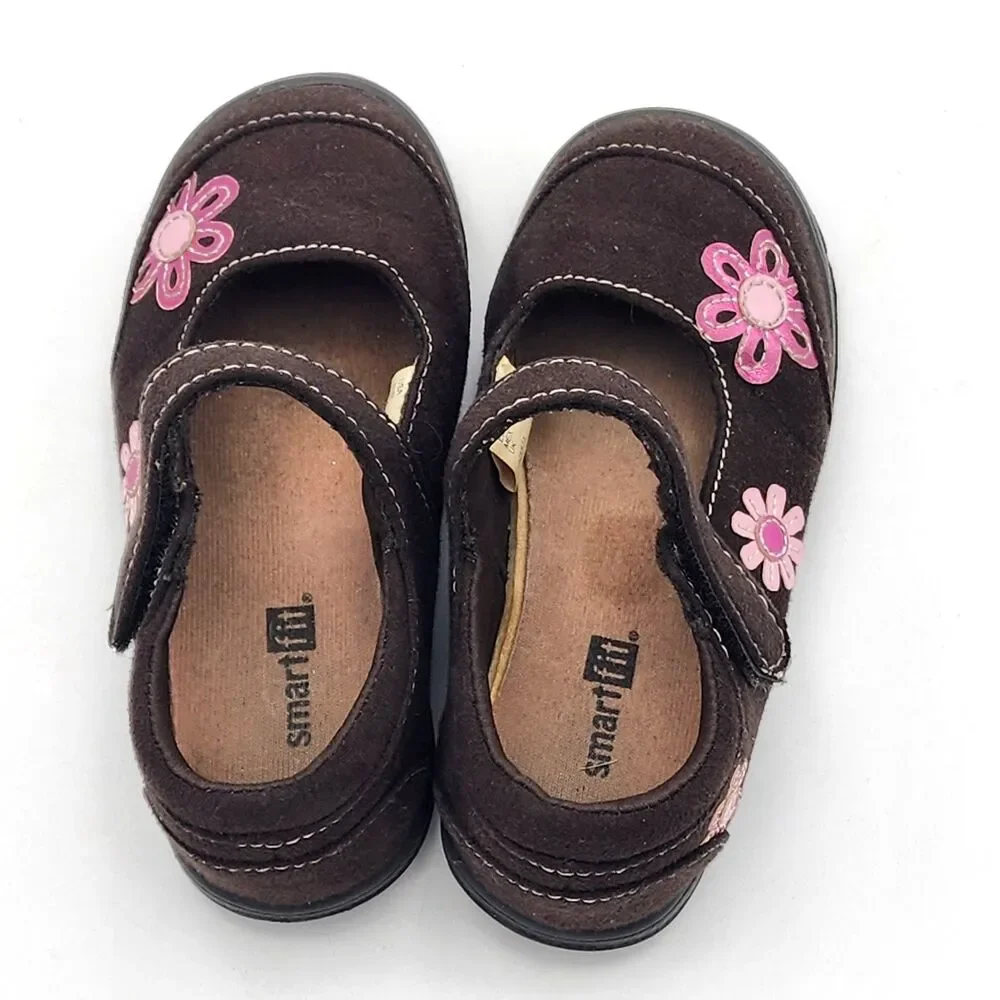 SmartFit VTG Girls Flower Mary Jane Comfort Shoes Brown Pink Toddler's Size 8.5